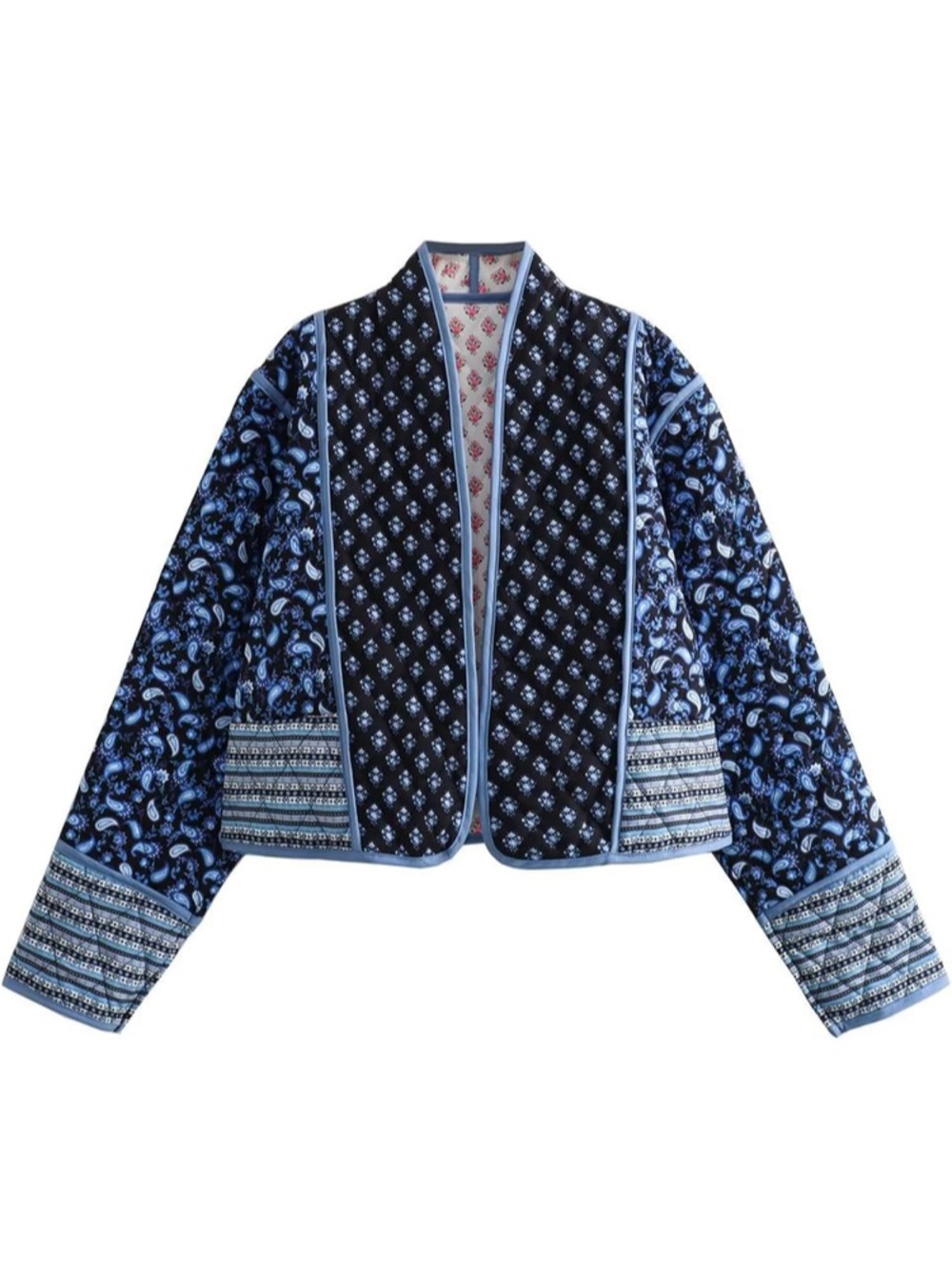 Women’s Reversible Floral Patchwork Quilted Jacket Puffer Crop Bohemian Paisley - Picture 5 of 14